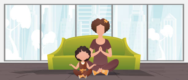 mama und kleine tochter machen yoga zusammen in der lotusposition. design im cartoon-stil. vektorillustration. - yoga good posture women little girls stock-grafiken, -clipart, -cartoons und -symbole