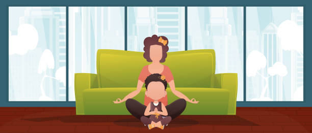 mama und kleine tochter meditieren zusammen in der lotusposition. design im cartoon-stil. vektor. - yoga good posture women little girls stock-grafiken, -clipart, -cartoons und -symbole