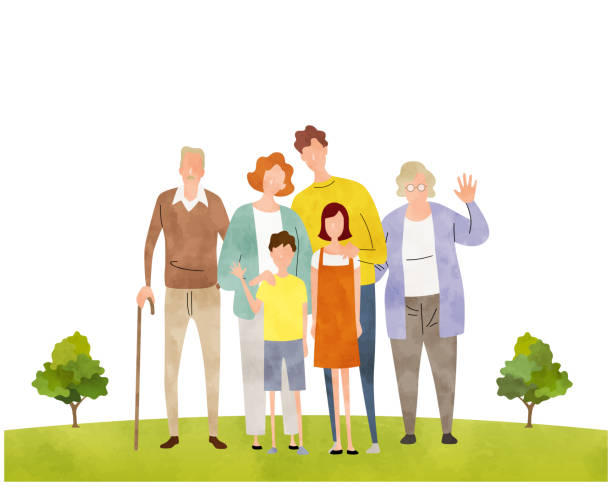 illustrazioni stock, clip art, cartoni animati e icone di tendenza di materiale illustrativo vettoriale: famiglia, nonni, 3 generazioni - multi generation family illustrations