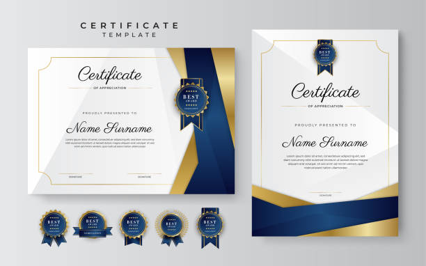 ゴールドバッジとボーダー付きのモダンなエレガントな青とゴールドの達成証明書テンプレート。卒業証書、賞、ビジネス、大学、学校、企業向けに設計されています。 - certificate award graduation diploma点のイラスト素材／クリップアート素材／マンガ素材／アイコン素材