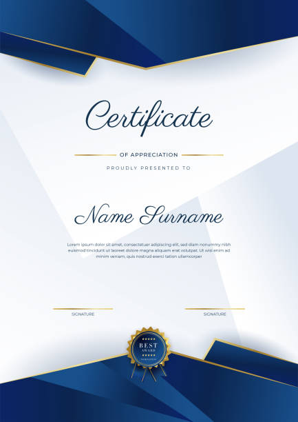 bildbanksillustrationer, clip art samt tecknat material och ikoner med modern elegant blue and gold certificate of achievement template with gold badge and border. designed for diploma, award, business, university, school, and corporate. - inbjudan