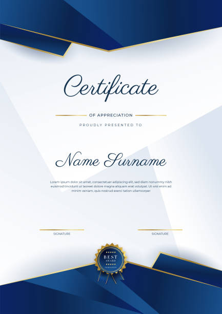 Modern elegant blue and gold certificate of achievement template with gold badge and border. Designed for diploma, award, business, university, school, and corporate. Modern elegant blue and gold certificate of achievement template with gold badge and border. Designed for diploma, award, business, university, school, and corporate. graduation gift stock illustrations