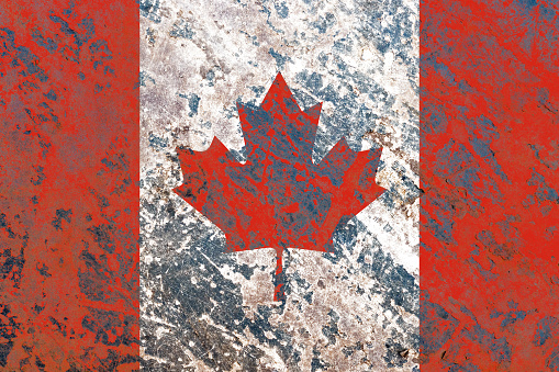 Rustic flag of canada painted on a distressed old metal sheet