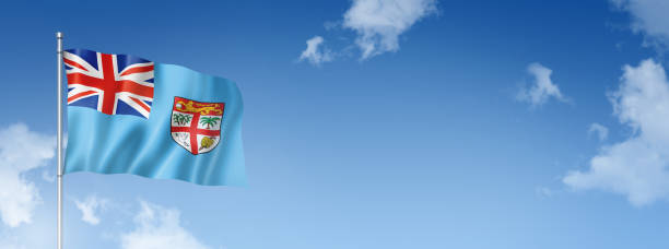 istock Fijian flag isolated on a blue sky. Horizontal banner 1391548623