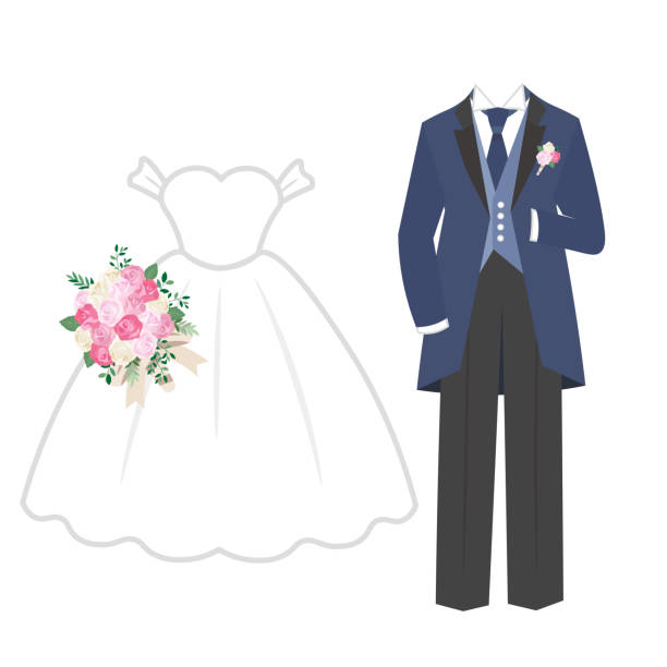 Clip art of wedding dress and tuxedo Clip art of wedding dress and tuxedo dinner jacket stock illustrations