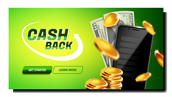 Cash Back Financial Service Refund Money Vector. Cash Back For Purchase In Smartphone Application, Internet Store. Mobile Phone, Banknote And Coin Template Landing Page Realistic 3d Illustration