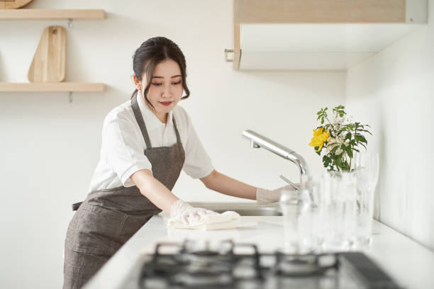 mulher asiática limpando a cozinha - empregado da limpeza - fotografias e filmes do acervo