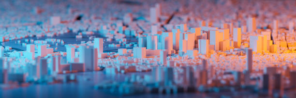 istock Teal and orange lighting on a 3D miniature city. 3D rendering. 1391553081