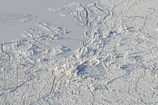 High angle view of 3D city map. 3D rendering.