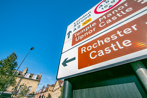 Road Sign to Rochester Castle in Kent, England , with other castles named.
