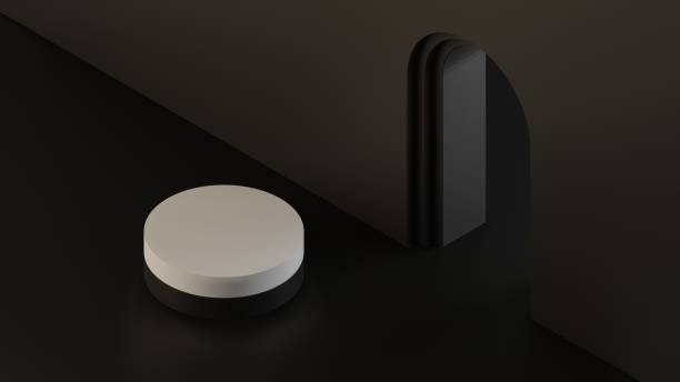 istock 3d rendering of white empty circle pedestal on black arch wall mockup 1391555265