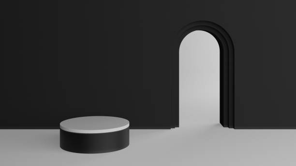 istock 3d rendering of white empty circle pedestal on black arch wall mockup 1391555267