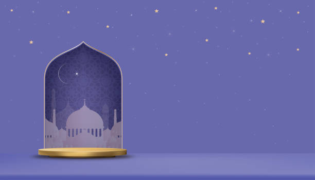 istock Islamic 3d Golden Podium with Mosque window,Crescent moon and Star on Purple background, Vector Backdrop banner of Religion of Muslim Symbolic,Eid ul fitr, Ramadan Kareem,Eid al Adha,Eid Mubarak 1391557507