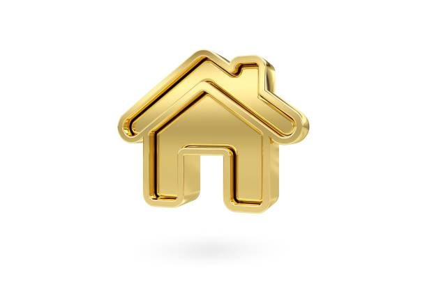 Gold house icon isolated on white background. Gold texture, 3D Rendering.