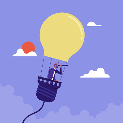 Businessman searching for opportunities in hot air balloon light bulb-Business concept vector