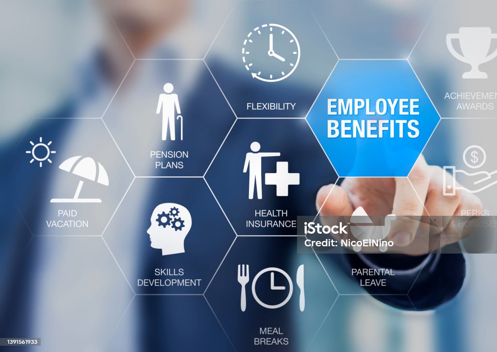 Employee benefits compensation package with health insurance, paid vacation, pension plans, parental leave, perks and bonuses. Payroll reward management and social security. Human resources concept. Benefits Stock Photo