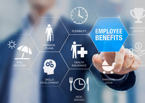 Employee benefits compensation package with health insurance, paid vacation, pension plans, parental leave, perks and bonuses. Payroll reward management and social security. Human resources concept. stock photo