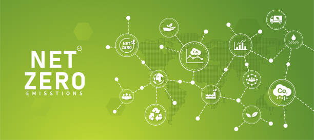 ilustrações de stock, clip art, desenhos animados e ícones de net zero and carbon neutral concepts net zero emissions goals with a connected icon concept related to net zero with hexagon grid. - alternative energy illustrations