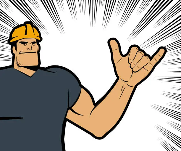 Vector illustration of A strong worker with a hard hat smiles and gestures the Shaka Sign, with comics effects lines in the background