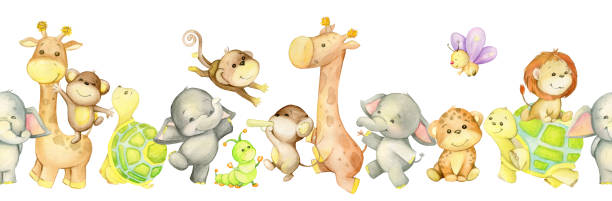 giraffe, elefant, schildkröte, affe, leopard, löwe, tropisch, tiere, cartoon-stil, auf einem isolierten hintergrund. aquarell nahtloses muster. - jungtier stock-grafiken, -clipart, -cartoons und -symbole