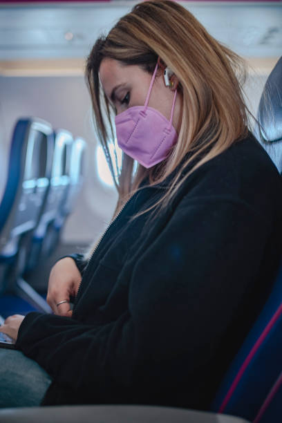 istock A woman with a protective mask on her face travels by plane. ISL 1391564808