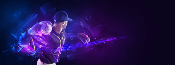 Artwork, poster or flyer. One professional baseball player in motion and action with bat isolated on dark background with polygonal and fluid neoned elements stock photo