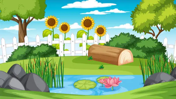Vector illustration of Scene with sunflowers and lotus in garden
