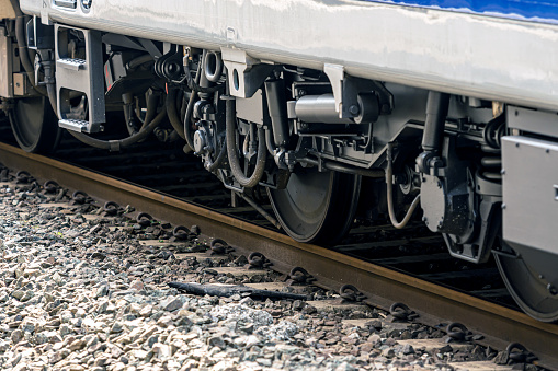 steel wheels of a railway train, closeup