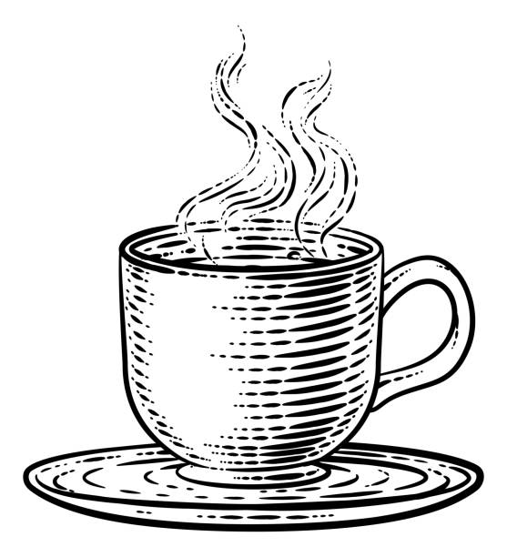 コーヒーティーカップホットドリンクマグ木版エッチング - tea cup illustrations点のイラスト素材／クリップアート素材／マンガ素材／アイコン素材