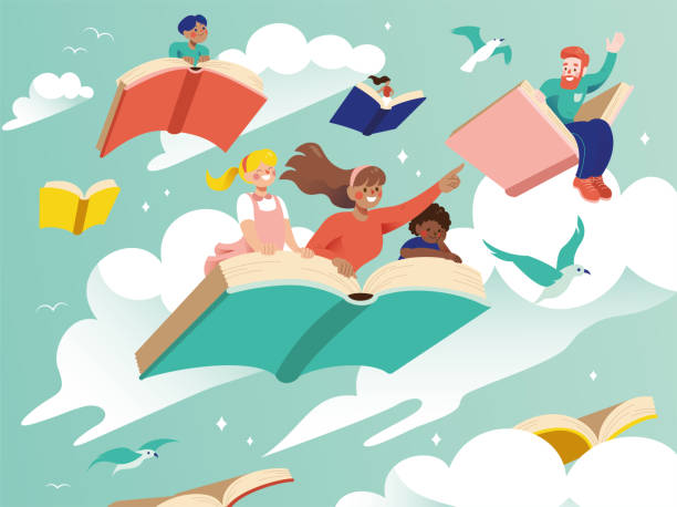 kuvapankkikuvitukset aiheesta viisauden oppiminen ja uusien näköalojen tutkiminen. lentäminen kirjankansilla abstraktissa ja luovan kirjallisuuden maailmassa. perhe lentää kirjojen kansien yli. - kirjallisuus