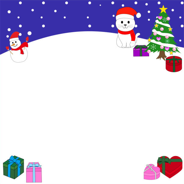 ilustraciones, imágenes clip art, dibujos animados e iconos de stock de tarjeta de felicitación navideña con un gato blanco bajo la nieve - christmas present christmas card powder snow snowing