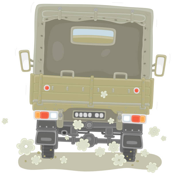 ilustrações de stock, clip art, desenhos animados e ícones de green truck driving on a dusty road - truck military armed forces pick up truck