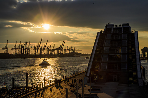 Hamburg, Germany: Harbor scenery at sunset