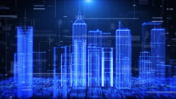 istock Abstract Blue Digital 3D Rendering City Futuristic Skyscraper Hologram Concept. Rotation Metropolis Building Cyber Space Technology Connection Illustration Background. 1391569413
