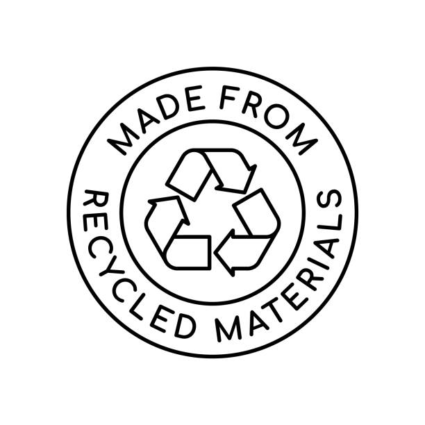 Made from recycled materials logo. Recycle sign in a circle. 100% recycled symbol. Sustainable fashion and environmental friendly industry. Eco product label. Vector illustration, flat, clip art. recycled material stock illustrations