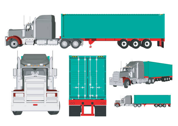 Set large red truck with a semitrailer. Template for placing graphics. 3d rendering. Cargo truck with trailer two angle set. Truck with open cargo door. Vector flat style illustration. baka stock illustrations