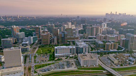 Aerial view of Texas Medical Center with Downtown Houston, Texas, USA.