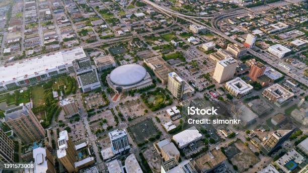 Skyscrapers In Downtown Houston Stock Photo - Download Image Now - Houston - Texas, Toyota Center - Houston, Aerial View