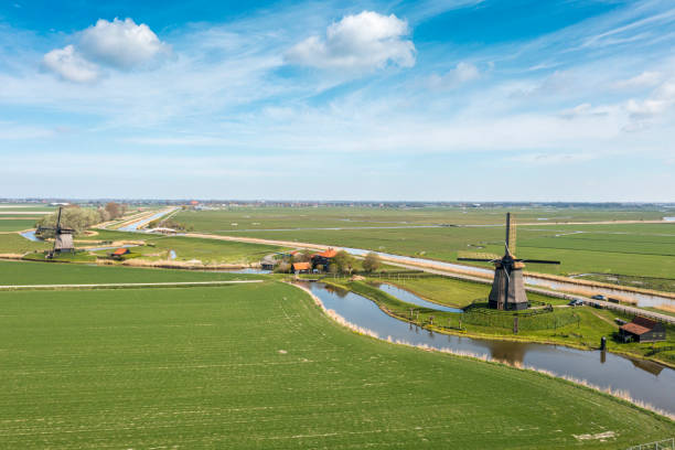 paisaje típico de pólder holandés con dos molinos de viento - netherlands dyke polder aerial view fotografías e imágenes de stock