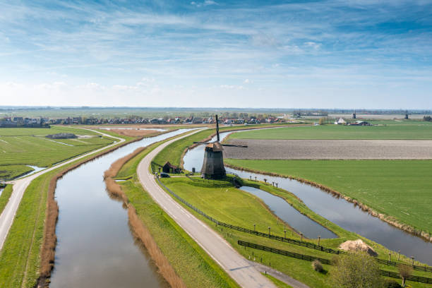 paysage typique de polder hollandais avec moulin à vent - polder windmill space landscape photos et images de collection