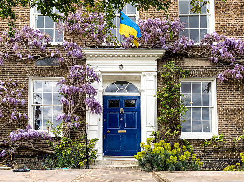 Upper mall street facade of georgian house william morris society ukrainian flag blossoming wisteria