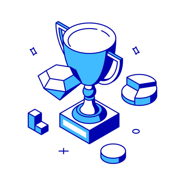 Minimalist award cup with gem and chart diagram business achievement isometric vector illustration vector art illustration