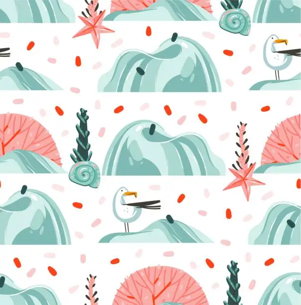 Vector illustration of Hand drawn vector abstract cartoon summer time graphic illustrations artistic seamless pattern with flying sea gulls,stones,coral reefs ,seaweeds and shell on beach isolated on white background