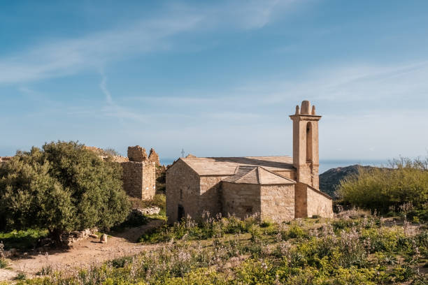 Church at abandoned village of Occi in Corsica stock photo