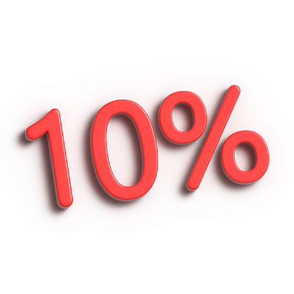 Red 10 percent sign isolated on white background. Ten percentage. Sale and discount concept. 3D render illustration.