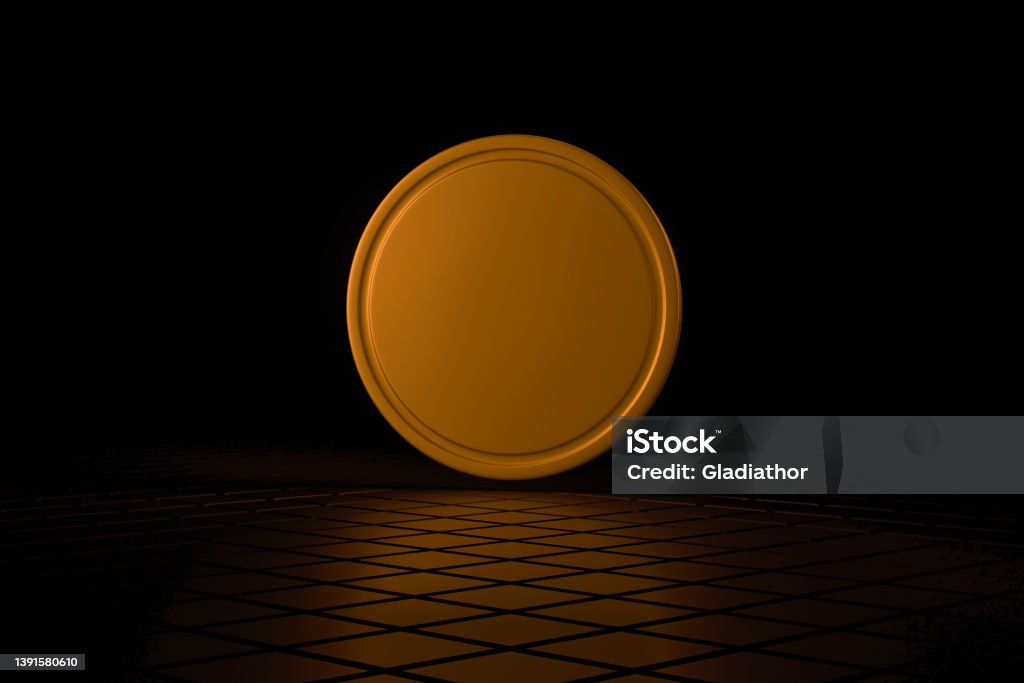 3D rendered image of digital cryptocurrency coin levitating on on black and orange / bronze  shiny tiled floor with black background stock photo 3D rendered image of digital cryptocurrency coin levitating on black and orange / bronze shiny tiled floor with black background. 3D rendered image. Stock Market and Exchange Stock Photo