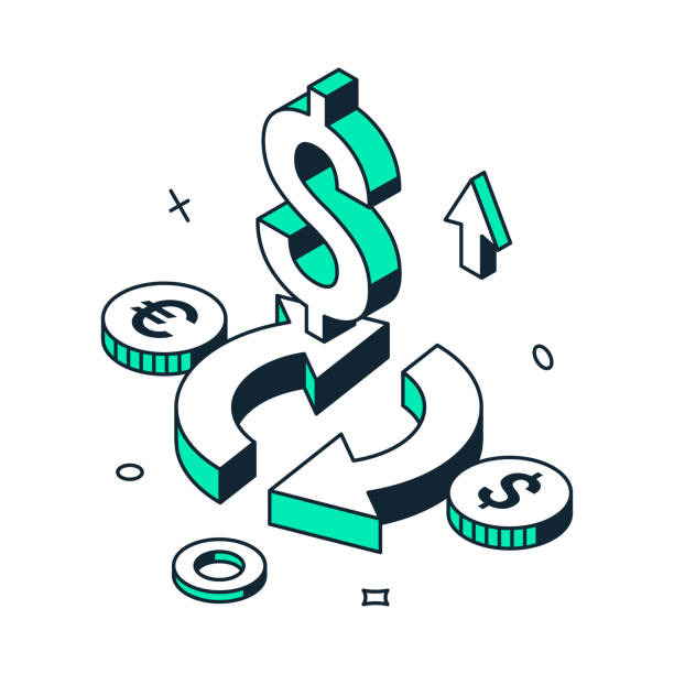 Money currency exchange financial business international investment 3d icon isometric vector Money currency exchange financial business international investment with coins and circled arrows 3d icon isometric vector illustration. Commercial banking account cash transfer transaction payment coin outline stock illustrations
