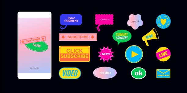 Like, comment, share, click subscribe button. Icon Set of Channel Subscriptions. Vector simple geometric 90s background template icons with text for social media vector art illustration