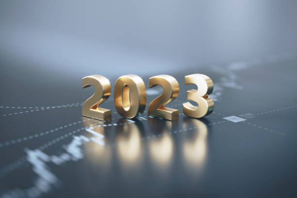 2023 sitting over blue financial graph hintergrund - börsen- und finanzkonzept - feiertag grafiken stock-fotos und bilder