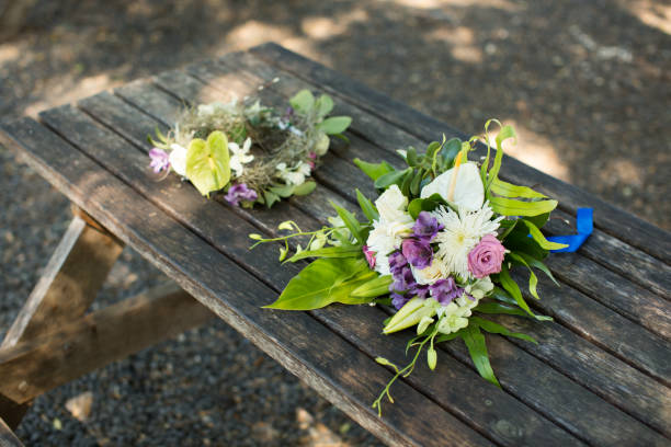 istock wedding bouquet and wreath on a wooden table. 1391583538